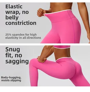 Detail showing high-stretch spandex fabric and elastic waistband on rose pink yoga pants
