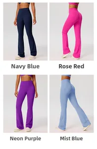Detail showing high-waisted flared yoga pants in navy blue, rose red, purple, and misty blue