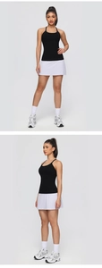 Detailed views of racerback yoga tank top and A-line sports skirt on model