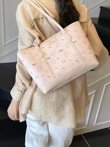 Rosafarbene strukturierte Leder-Tote-Bag mit süßen Tiermustern und langen Trägern