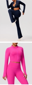 Détail de vestes de course ajustées en bleu marine et rose vif pour le yoga