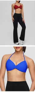 Detail of cross-neck sports bra with center pleats and flare yoga pants