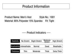 Detaillierte Größentabelle für Herrenweste 1001 aus 85% Polyester mit enger Passform