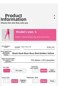 Size chart and fabric specs for high-waist peach lift yoga pants with 75% nylon material