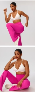 Detailed close-up of white strappy sports bra and high-waisted pink flared yoga pants