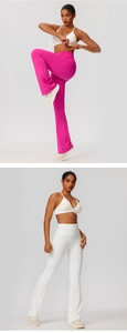 Detail showing high-waisted flared yoga pants in vibrant pink and white colors