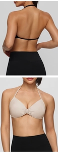 Close-up of halter sports bra with ruched front detail and slim back straps in beige and black