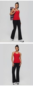 Detail of red racerback yoga tank top with built-in pads and black flared yoga leggings
