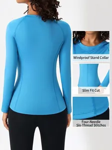 Electric blue high-stretch yoga top with windproof collar and ergonomic slim fit design