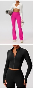Détails de la veste de yoga pour femme avec fermeture éclair, coupe ajustée et tissu élastique