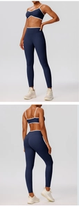 Detail of navy blue ruched sports bra and leggings with white contrast trim for yoga