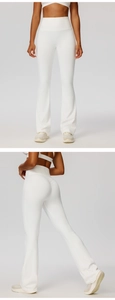 Macro detail of white high waisted yoga pants with scrunch butt lifting and flared leg design