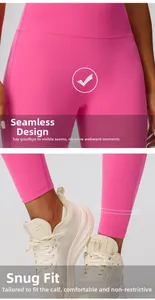 Detail of high waist yoga pants showing the seamless front crotch and slim fit calf design