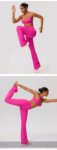 Detail of rose pink yoga set featuring high waist flare pants and cross back sports bra