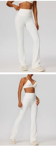 Close-up of white high-waist flared yoga pants and V-neck sports bra set for women