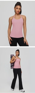 Close-up of pink breathable racerback yoga tank top with built-in pads and slim fit design