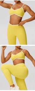 Detail of high-waisted yoga leggings and sports bra set in yellow with white contrast piping