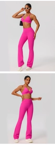 Detail view of hot pink V-neck sports bra and high-waisted flared yoga pants set