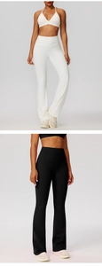 Detail view of high waisted flared yoga pants in white and black with elastic compression