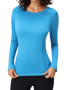 Slim fit bright blue long sleeve yoga t-shirt with raglan sleeves and flatlock stitching