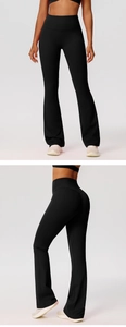 Detail of high waisted flare yoga pants showing scrunch butt design and elastic fabric