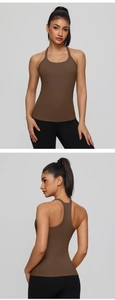 Front and back view of a dark brown racerback yoga tank top with built-in chest pads