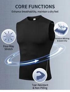 Vue détaillée du gilet de compression noir pour hommes avec étiquette L et tissu stretch