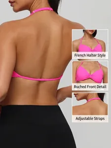 Rose pink halter neck sports bra with ruched chest and adjustable thin straps
