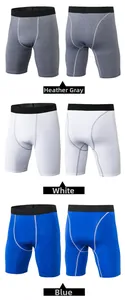 Detail view of men's compression sports shorts in marl grey, white, and blue options