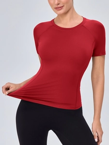 Deep red high elastic yoga t-shirt for women featuring raglan sleeves and slim fit design
