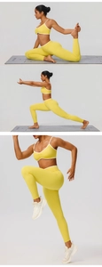 Detail of yellow yoga set with V-neck ruched sports bra and high-waisted leggings