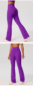 Detailed views of purple high-waisted flared yoga pants with ruched butt-lifting design