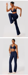 Detail of cross-back yoga bra and flare leggings showing elastic fabric and flexibility