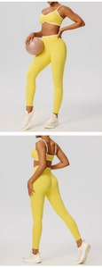 Detail of bright yellow yoga sports bra with contrast white trim and ruched chest design