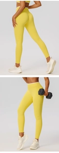Close-up of high waist yoga leggings with contrast piping and peach lift butt detail