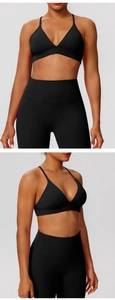 Detail of black cross-back sports bra and high-waisted leggings set in matte finish