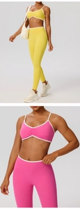 Detail of high-stretch yoga sets featuring contrast trim and gathered front chest design