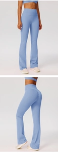 Close-up of light blue high-waisted flared yoga pants with scrunch butt lift detail