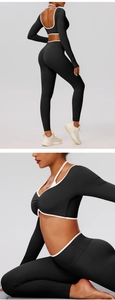Detail of long sleeve yoga top with contrast piping and halter neck design