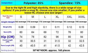 Size chart for men's compression shorts with polyester and spandex fabric measurements