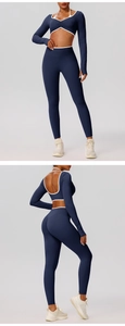 Detail view of navy yoga set featuring front ruching and open back design details
