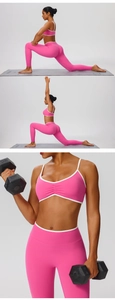 Three-panel view of pink yoga set with white trim showing fabric stretch and fit on a model