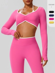 Haut de Yoga à Manches Longues pour Femmes Couleur Contrastée Coupe Ajustée Rembourré Séchage Rapide T-Shirt de Sport