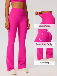 Hot pink high-waisted flared yoga pants with butt-lifting seam and elastic tummy control