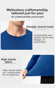 Detail view of the stretchable fabric and crew neck on a men's blue compression shirt