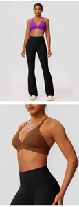 Detail of high-elasticity sports bra with thin straps and cross-back design for yoga