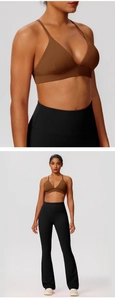 Close-up of coffee brown cross-back sports bra and black high-waisted yoga pants set