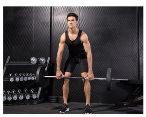 Close-up of high-elasticity black compression gym vest with four-needle six-thread stitching