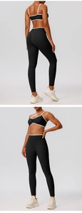 Detail of cross-back sports bra and high-waisted leggings with white contrast piping