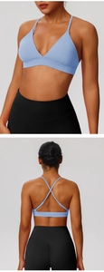Close-up of cross back design on blue sports bra and high-waisted leggings detail